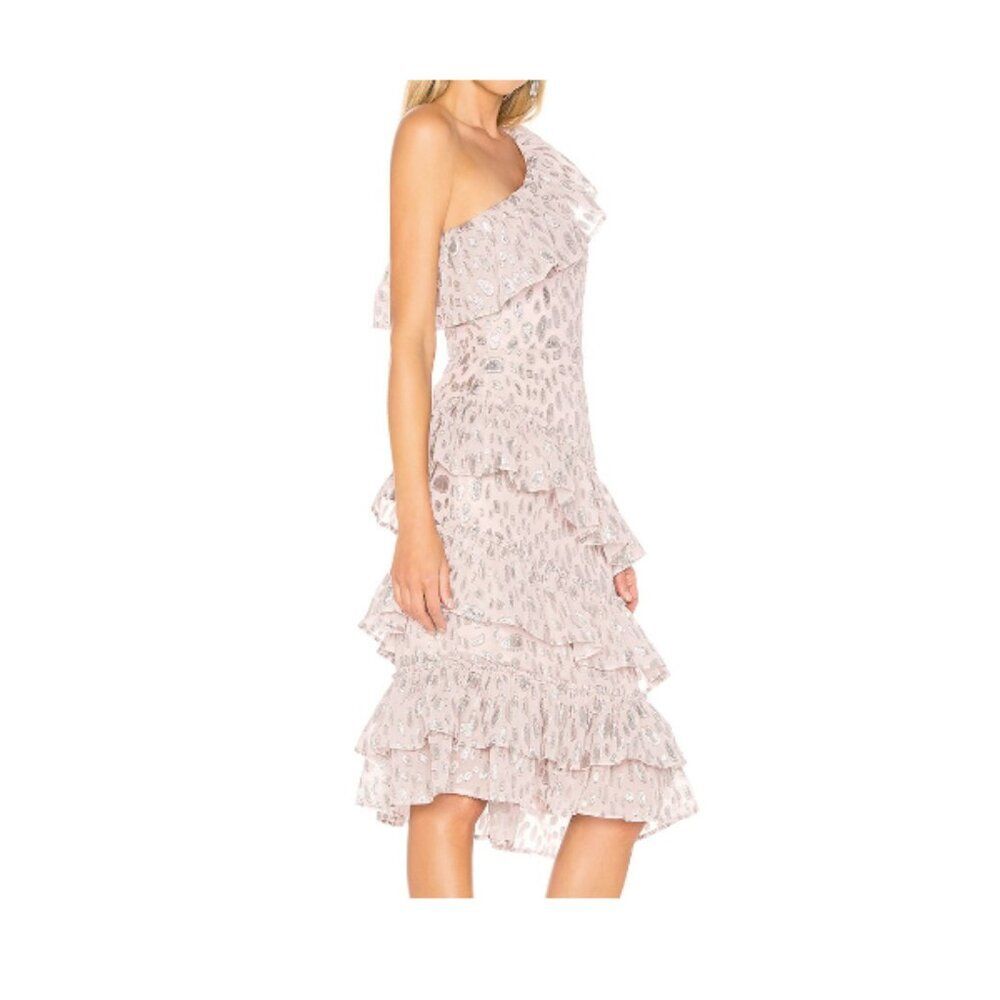 Lovers + Friends Willow Pink Metallic One Shoulder Ruffle Tiered Mini Dress S